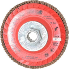 Camel Grinding Wheels - 40 Grit, 4-1/2" Disc Diam, 5/8-11 Center Hole, Type 27 Zirconia Alumina Flap Disc - 13,300 Max RPM, Poly Cotton Backing, Arbor Attaching System, Coated - USA Tool & Supply