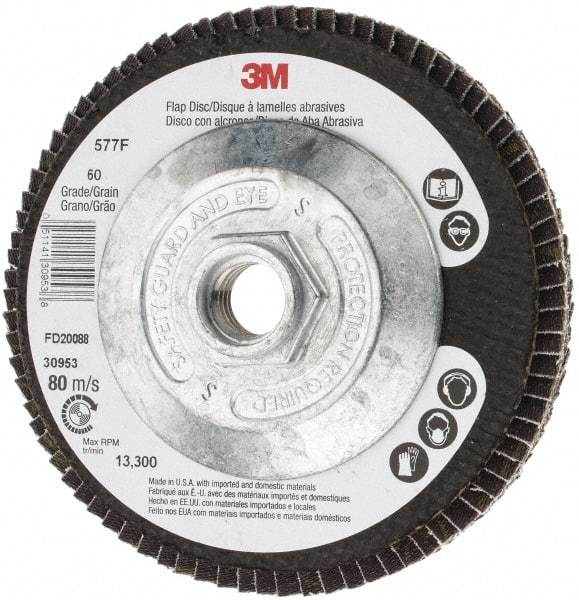 3M - 60 Grit, 4-1/2" Disc Diam, 5/8-11 Center Hole, Type 27 Zirconia Alumina Flap Disc - 13,300 Max RPM, Cloth Backing, Arbor Attaching System, Coated - USA Tool & Supply