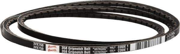 Browning - Section 3VX, 3/8" Wide, 75" Outside Length, Gripnotch V-Belt - Rubber Compound, 358 Gripnotch, No. 3VX750 - USA Tool & Supply