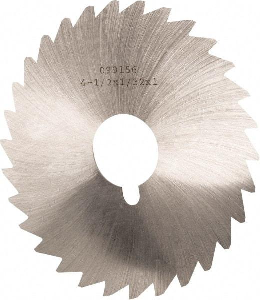 Made in USA - 4-1/2" Diam x 1/32" Blade Thickness x 1" Arbor Hole Diam, 36 Tooth Slitting and Slotting Saw - Arbor Connection, Right Hand, Uncoated, High Speed Steel, Concave Ground, Contains Keyway - USA Tool & Supply