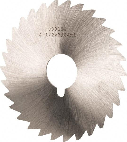 Made in USA - 4-1/2" Diam x 3/64" Blade Thickness x 1" Arbor Hole Diam, 36 Tooth Slitting and Slotting Saw - Arbor Connection, Right Hand, Uncoated, High Speed Steel, Concave Ground, Contains Keyway - USA Tool & Supply