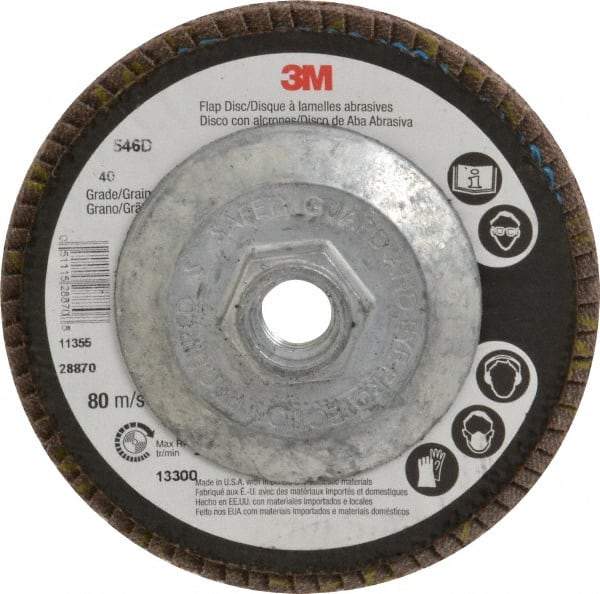 3M - 40 Grit, 4-1/2" Disc Diam, 5/8-11 Center Hole, Type 29 Zirconia Alumina Flap Disc - Cloth Backing, Arbor Attaching System, Coated - USA Tool & Supply