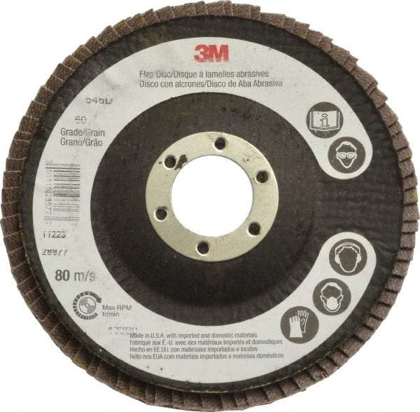 3M - 60 Grit, 4-1/2" Disc Diam, 7/8" Center Hole, Type 29 Zirconia Alumina Flap Disc - Cloth Backing, Arbor Attaching System, Coated - USA Tool & Supply