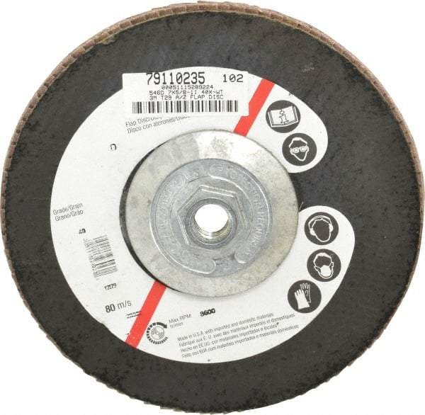 3M - 40 Grit, 7" Disc Diam, 5/8-11 Center Hole, Type 29 Zirconia Alumina Flap Disc - Cloth Backing, Arbor Attaching System, Coated - USA Tool & Supply