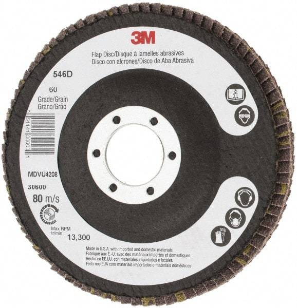 3M - 60 Grit, 4-1/2" Disc Diam, 7/8" Center Hole, Type 27 Zirconia Alumina Flap Disc - 13,300 Max RPM, Cloth Backing, Arbor Attaching System, Coated - USA Tool & Supply
