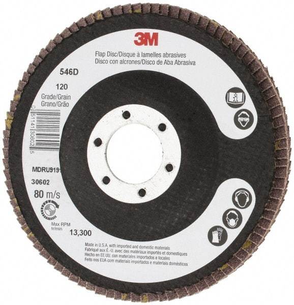 3M - 120 Grit, 4-1/2" Disc Diam, 7/8" Center Hole, Type 27 Zirconia Alumina Flap Disc - Cloth Backing, Arbor Attaching System, Coated - USA Tool & Supply