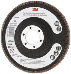 3M - 120 Grit, 4-1/2" Disc Diam, 7/8" Center Hole, Type 27 Zirconia Alumina Flap Disc - Cloth Backing, Arbor Attaching System, Coated - USA Tool & Supply
