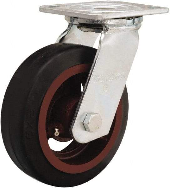 Hamilton - 6" Diam x 2" Wide x 7-1/2" OAH Top Plate Mount Swivel Caster - Rubber Mold on Cast Iron, 410 Lb Capacity, Straight Roller Bearing, 4 x 4-1/2" Plate - USA Tool & Supply