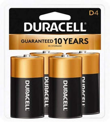 Duracell - Size D, Alkaline, 4 Pack, Standard Battery - 1.5 Volts, Button Tab Terminal - USA Tool & Supply