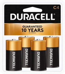Duracell - Size C, Alkaline, 4 Pack, Standard Battery - 1.5 Volts, Button Tab Terminal - USA Tool & Supply