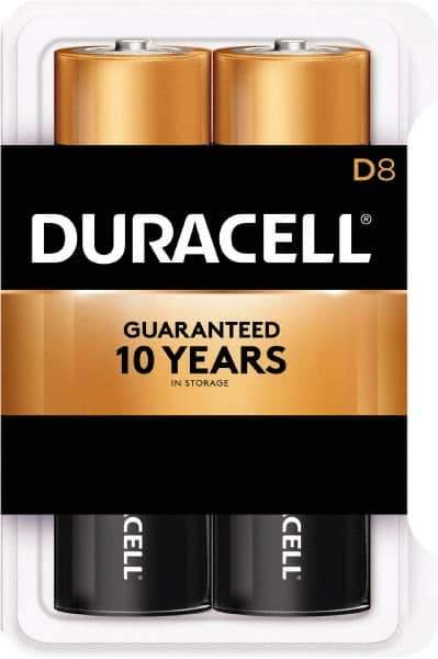 Duracell - Size D, Alkaline, 8 Pack, Standard Battery - 1.5 Volts, Button Tab Terminal - USA Tool & Supply