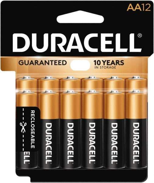 Duracell - Size AA, Alkaline, 12 Pack, Standard Battery - 1.5 Volts, Button Tab Terminal - USA Tool & Supply