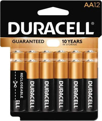 Duracell - Size AA, Alkaline, 12 Pack, Standard Battery - 1.5 Volts, Button Tab Terminal - USA Tool & Supply
