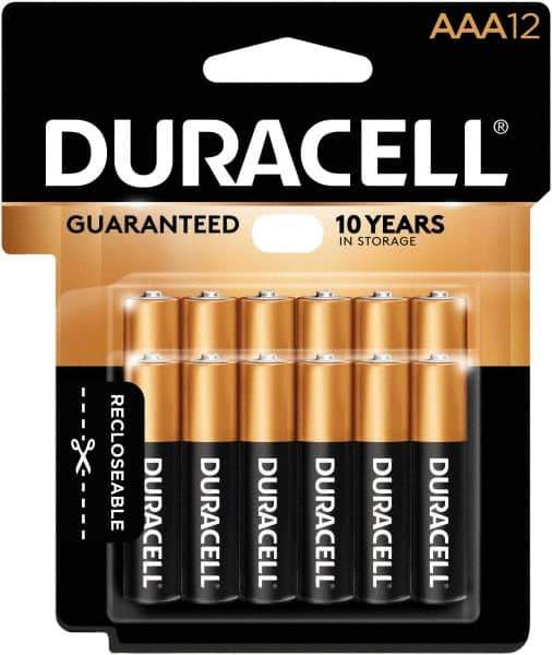 Duracell - Size AAA, Alkaline, 12 Pack, Standard Battery - 1.5 Volts, Button Tab Terminal - USA Tool & Supply