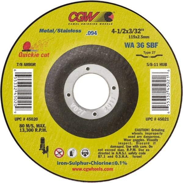 Camel Grinding Wheels - 36 Grit, 5" Wheel Diam, 3/32" Wheel Thickness, 7/8" Arbor Hole, Type 27 Depressed Center Wheel - Medium Grade, Aluminum Oxide, Resinoid Bond, 12,250 Max RPM - USA Tool & Supply