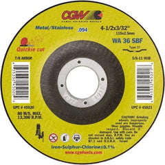 Camel Grinding Wheels - 36 Grit, 6" Wheel Diam, 3/32" Wheel Thickness, 7/8" Arbor Hole, Type 27 Depressed Center Wheel - Medium Grade, Aluminum Oxide, Resinoid Bond, 10,200 Max RPM - USA Tool & Supply