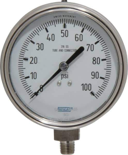 Wika - 4" Dial, 1/4 Thread, 0-100 Scale Range, Pressure Gauge - Lower Connection Mount, Accurate to 1% of Scale - USA Tool & Supply