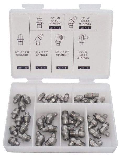 PRO-LUBE - 40 Piece, Inch, Box Plastic Stainless Steel Grease Fitting Set - Includes PTF, UNF Thread Types, Includes 1/4-28 SAE-LT: (10) Straight, (5) 45°, (5) 90°, 1/8-27 PTF: (10) Straight, (5) 45°, (5) 90° - USA Tool & Supply