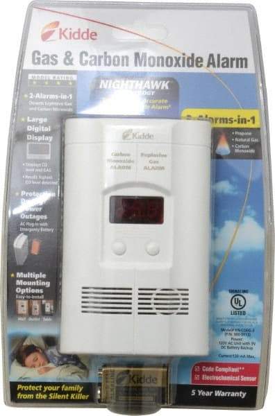 Kidde - 6.1 Inch Long x 3.8 Inch Wide, AC Plug In 120 Volt Carbon Monoxide and Explosive Gas Alarm - 85 dB Decibel Rating, 9V Battery Included, Indicating Light - USA Tool & Supply