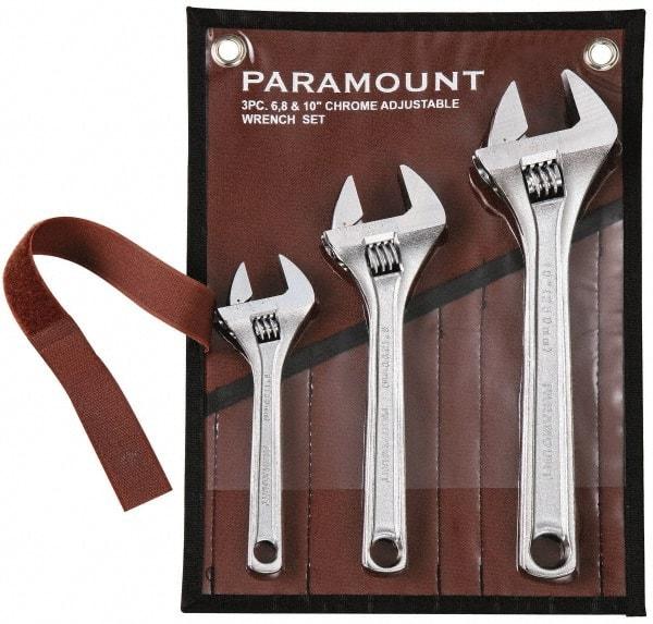 Paramount - 3 Piece, 6" to 10", Adjustable Wrench Set - Inch Measurement Standard, Chrome Finish, Comes in Canvas Roll - USA Tool & Supply