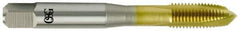 OSG - #8-32 UNC, 3 Flute, TiN Finish, Vanadium High Speed Steel Spiral Point Tap - Plug Chamfer, Right Hand Thread, 2-1/8" OAL, 3/4" Thread Length, Series 11015 - Exact Industrial Supply