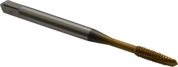 OSG - #4-40 UNC, 3 Flute, TiN Finish, Vanadium High Speed Steel Spiral Point Tap - Plug Chamfer, Right Hand Thread, 1-7/8" OAL, 9/16" Thread Length, Series 11015 - Exact Industrial Supply