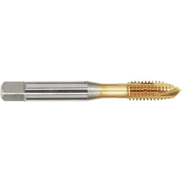 OSG - 1/4-28 UNF, 3 Flute, TiN Finish, Vanadium High Speed Steel Spiral Point Tap - Plug Chamfer, Right Hand Thread, 2-1/2" OAL, 1" Thread Length, 0.255" Shank Diam - Exact Industrial Supply