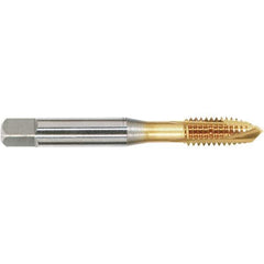 OSG - 1/4-28 UNF, 3 Flute, TiN Finish, Vanadium High Speed Steel Spiral Point Tap - Plug Chamfer, Right Hand Thread, 2-1/2" OAL, 1" Thread Length, 0.255" Shank Diam - Exact Industrial Supply