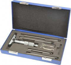 Fowler - 0 to 4" Range, 4 Rod, Satin Chrome Finish Mechanical Depth Micrometer - Ratchet Stop Thimble, 2-1/2" Base Length, 0.001" Graduation, 0.176" Rod Diam - USA Tool & Supply