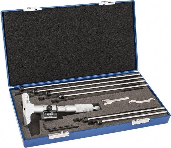 Fowler - 0 to 6" Range, 6 Rod, Mechanical Depth Micrometer - Ratchet Stop Thimble, 2-1/2" Base Length, 0.001" Graduation, 11/64" Rod Diam - USA Tool & Supply