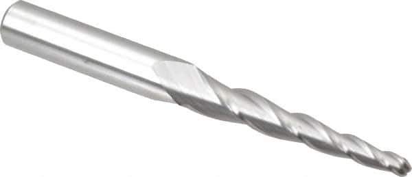Accupro - 3° Taper Angle per Side, 5/32" Small End Diam, 1-3/4" LOC, Solid Carbide 3 Flute Tapered Ball End Mill - 3-1/2" OAL, 3/8" Shank Diam - USA Tool & Supply