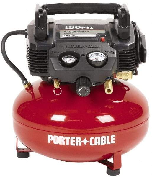 Porter-Cable - 0.8 HP, 2.6 CFM Pancake Electric Oil Free Compressor - 6 Gallon Tank, 10 Amp, 150 Max psi, 120V - USA Tool & Supply