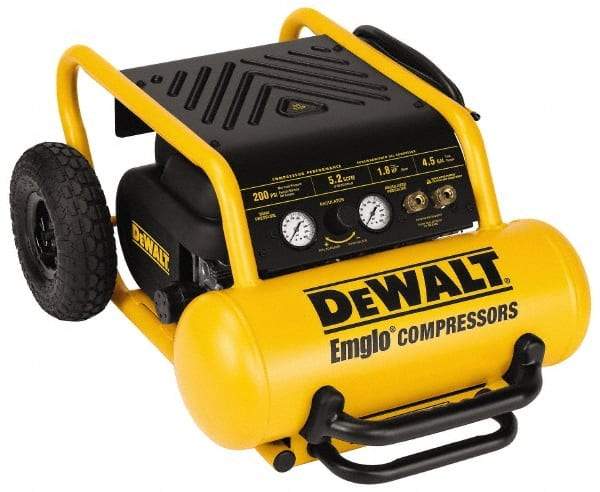 DeWALT - 1.8 HP, 5.2 CFM Wheeled Electric Oil Free Compressor - 4.5 Gallon Tank, 15 Amp, 200 Max psi, 120V - USA Tool & Supply