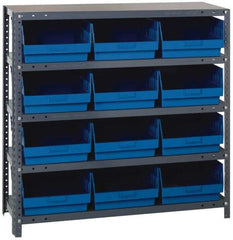 Quantum Storage - 12 Bin Store-More Shelf Bin System - 36 Inch Overall Width x 12 Inch Overall Depth x 39 Inch Overall Height, Blue Polypropylene Bins - USA Tool & Supply