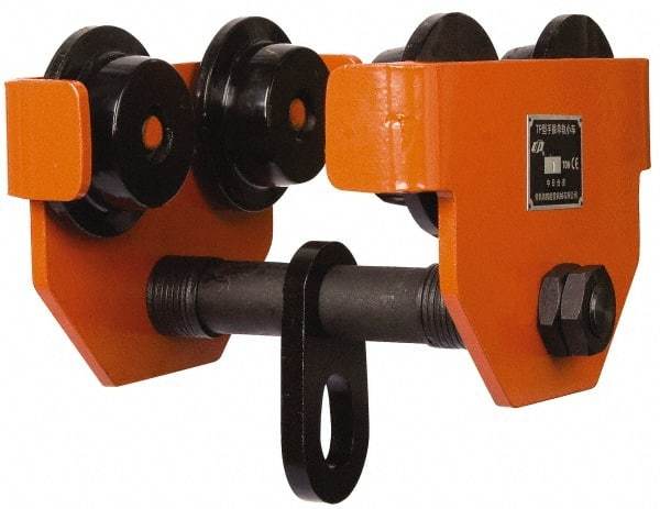 Value Collection - 1 Ton Capacity Wide Range Ball Bearing Trolley - 3-5/32" to 5-3/4" Flange Width, 2-5/8" Wheel Diam, 5" to 24" I-Beam, 35" Min Radius - USA Tool & Supply