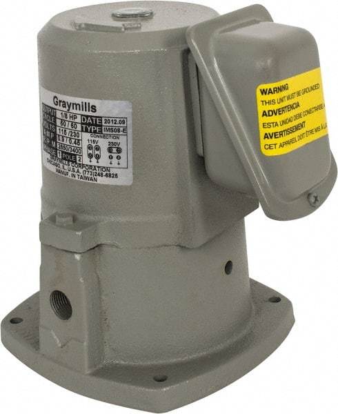 Graymills - 0.7/0.35 Amp, 115/230 Volt, 1/8 hp, 1 Phase, 3,450 RPM, Cast Iron Suction Machine Tool & Recirculating Pump - 9.5 GPM, 14 psi, 5-1/2" Long x 5-1/2" Mounting Flange Width, 6-7/8" Overall Height, Plastic Impeller, Sealed Motor - USA Tool & Supply