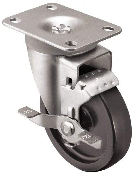 Shepherd - 3" Diam x 1-1/4" Wide x 4-1/4" OAH Top Plate Mount Swivel Caster with Brake - Polyolefin, 250 Lb Capacity, Plain Bearing, 2-5/8 x 3-3/4" Plate - USA Tool & Supply