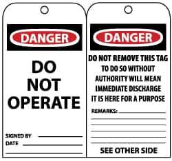 NMC - 3" High x 6" Long, DANGER - DO NOT OPERATE, English Safety & Facility Lockout Tag - Tag Header: Danger, 2 Sides, Black, Red & White Unrippable Vinyl - USA Tool & Supply