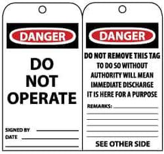 NMC - 3" High x 6" Long, DANGER - DO NOT OPERATE, English Safety & Facility Lockout Tag - Tag Header: Danger, 2 Sides, Black, Red & White Unrippable Vinyl - USA Tool & Supply