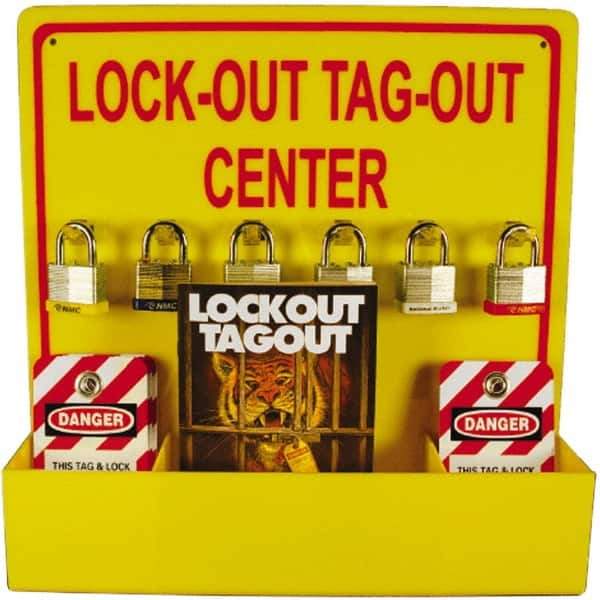 NMC - Equipped Acrylic Lockout Device and Tag Station - 16 Inch Wide x 16 Inch High, Red and Yellow - USA Tool & Supply