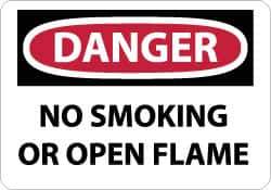 NMC - "Danger - No Smoking or Open Flame", 10" Long x 14" Wide, Pressure-Sensitive Vinyl Safety Sign - Rectangle, 0.004" Thick, Use for Accident Prevention - USA Tool & Supply
