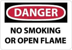 NMC - "Danger - No Smoking or Open Flame", 10" Long x 14" Wide, Pressure-Sensitive Vinyl Safety Sign - Rectangle, 0.004" Thick, Use for Accident Prevention - USA Tool & Supply