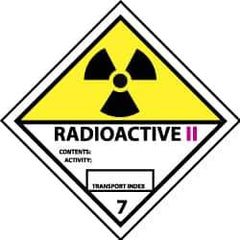 NMC - Accident Prevention Label - Legend: Radioactive II Contents: Activity: Transport Index, English, Black, Yellow, Pink & White, 4" Long x 4" High, Sign Muscle Finish - USA Tool & Supply