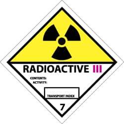 NMC - Accident Prevention Label - Legend: Radioactive III Contents: Activity: Transport Index, English, Black, Yellow, Pink & White, 4" Long x 4" High, Sign Muscle Finish - USA Tool & Supply