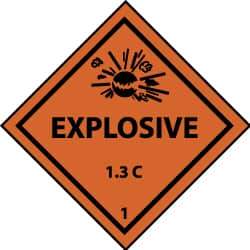 NMC - Accident Prevention Label - Legend: Explosives 1.3L, English, Black & Orange, 4" Long x 4" High, Sign Muscle Finish - USA Tool & Supply