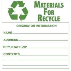 NMC - Hazardous Materials Label - Legend: Materials for Recycle - Originator Information - Name _____, Address _____, City, State, Zip _____, Contents _______, English, Green & White, 6" Long x 6" High, Sign Muscle Finish - USA Tool & Supply