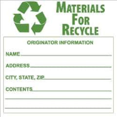 NMC - Hazardous Materials Label - Legend: Materials for Recycle - Originator Information - Name _____, Address _____, City, State, Zip _____, Contents _______, English, Green & White, 6" Long x 6" High, Sign Muscle Finish - USA Tool & Supply