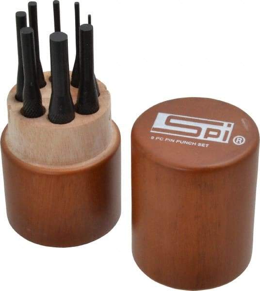 SPI - 8 Piece, 1/16 to 5/16", Pin Punch Set - Round Shank, Comes in Custom Wood Case - USA Tool & Supply