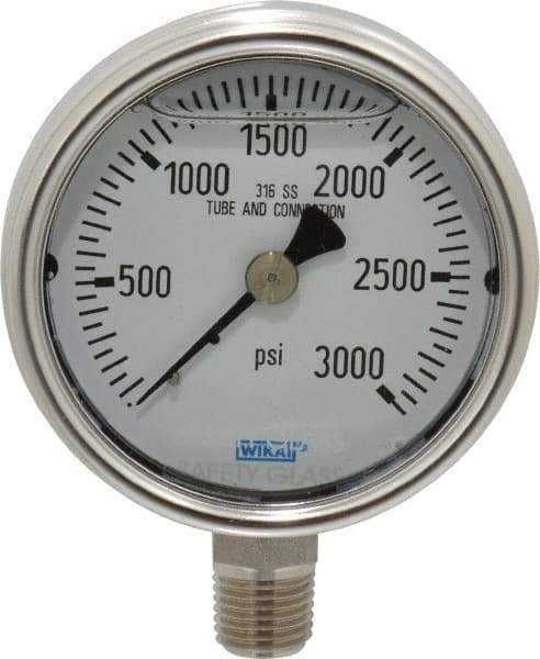 Wika - 2-1/2" Dial, 1/4 Thread, 0-3,000 Scale Range, Pressure Gauge - Lower Connection Mount, Accurate to 2-1-2% of Scale - USA Tool & Supply