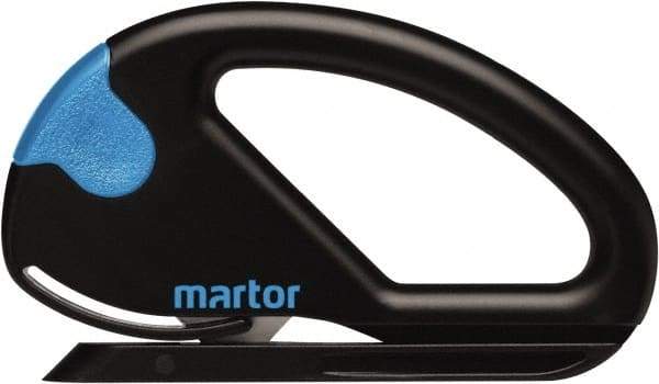 Martor USA - Fixed Safety Cutter - 1-11/16" Carbon Steel Blade, Black & Blue Polycarbonate Handle, 1 Blade Included - USA Tool & Supply